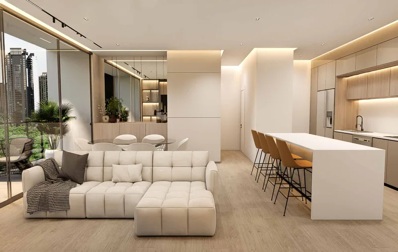Sala y cocina integradas de un apartamento Sky Parc II